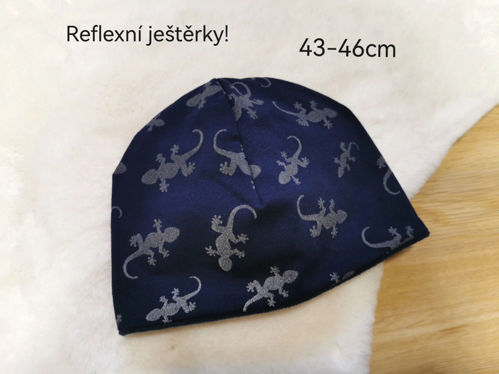 teplá čepice REFLEXNÍ JEŠTĚRKY NA TM.MODRÉ - pro obvod 43-46cm (6měsíců - 1rok)