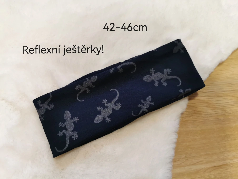 čelenka REFLEXNÍ JEŠTĚRKY na tm.modré - pro obvod 42-46cm (4 měsíce - 1 rok)