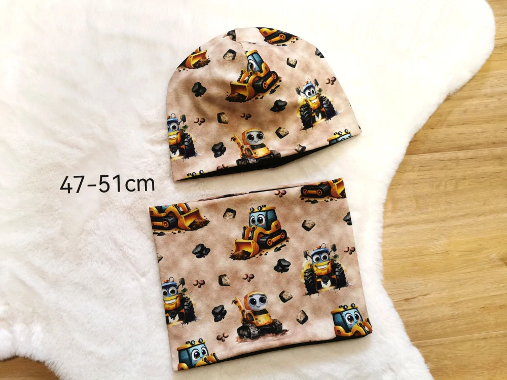 set dvouvrstvá klasicka čepice a nákrčník - ROZTOMILÉ STAVEBNÍ STROJE - obvod 47-51cm (2-5 let)