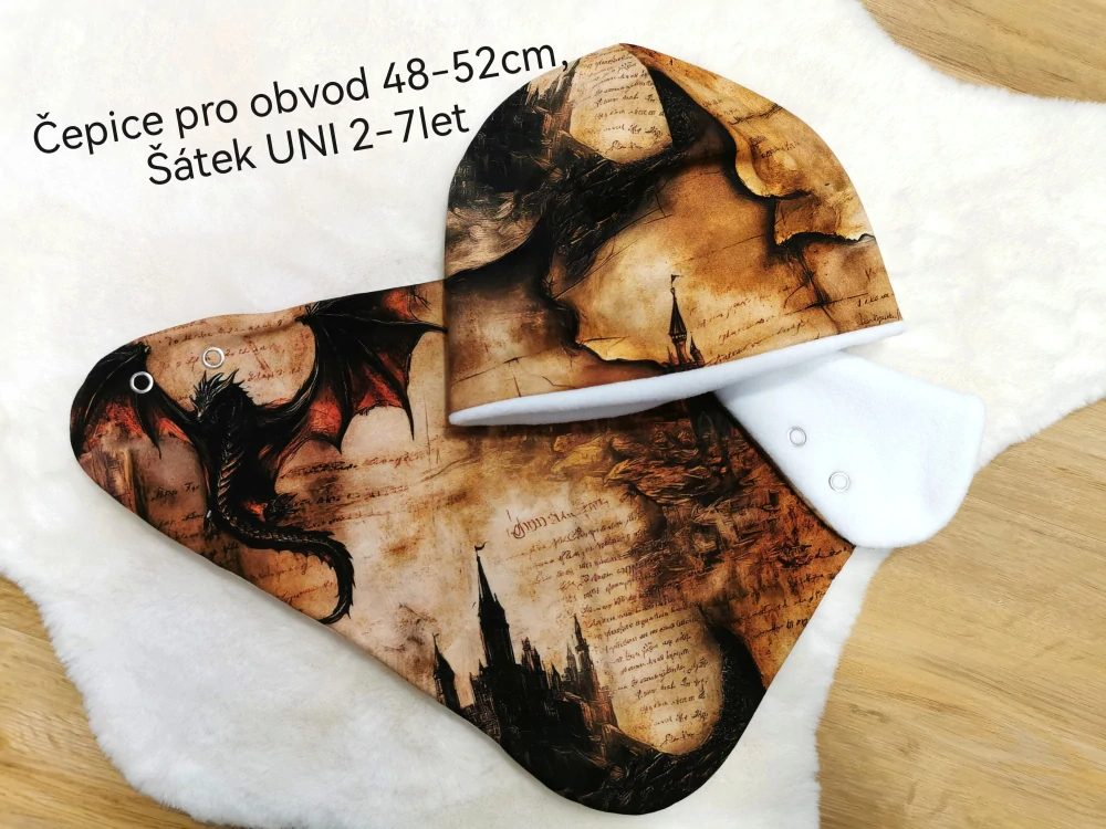 zateplená dvouvrstvá čepice a šátek - DRAK A HRAD - čepice pro obvod 48-52cm (2,5roku-6let), šátek UNI (cca 2-7let)