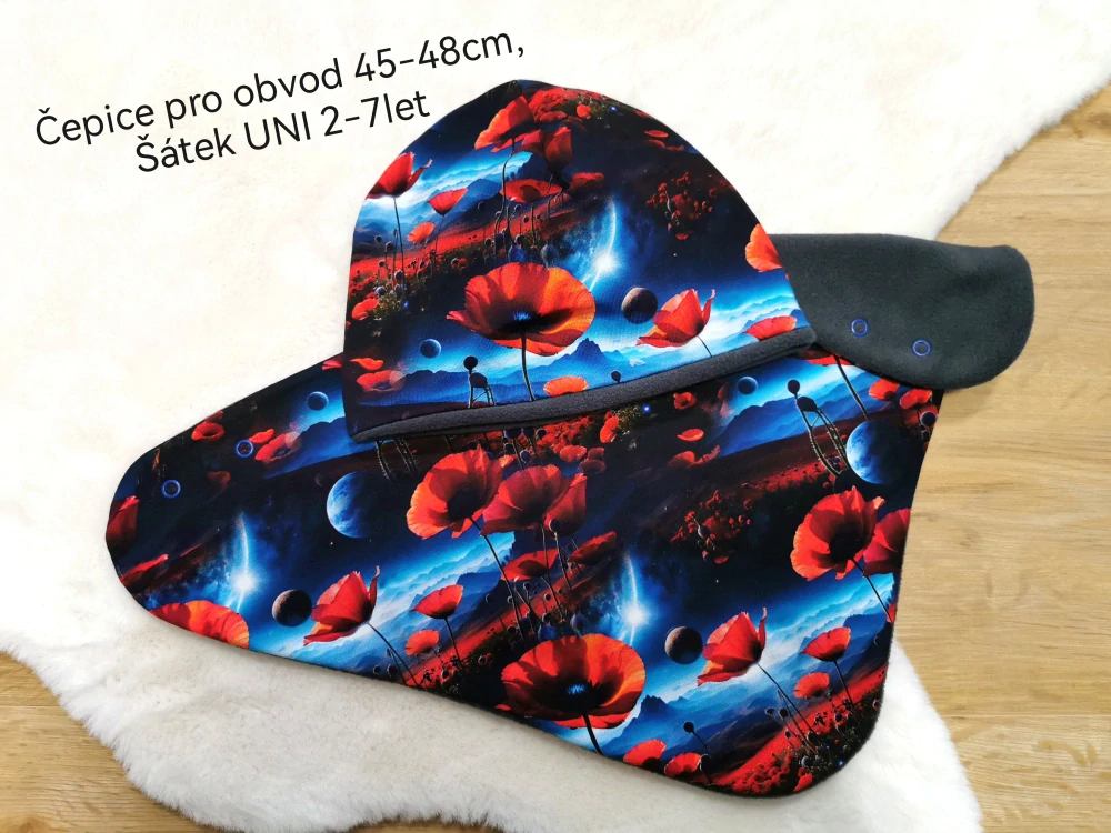 zateplená dvouvrstvá čepice a šátek - VLČÍ MÁKY - čepice pro obvod 45-48cm (1,5-3 roky), šátek UNI (cca 2-7let)