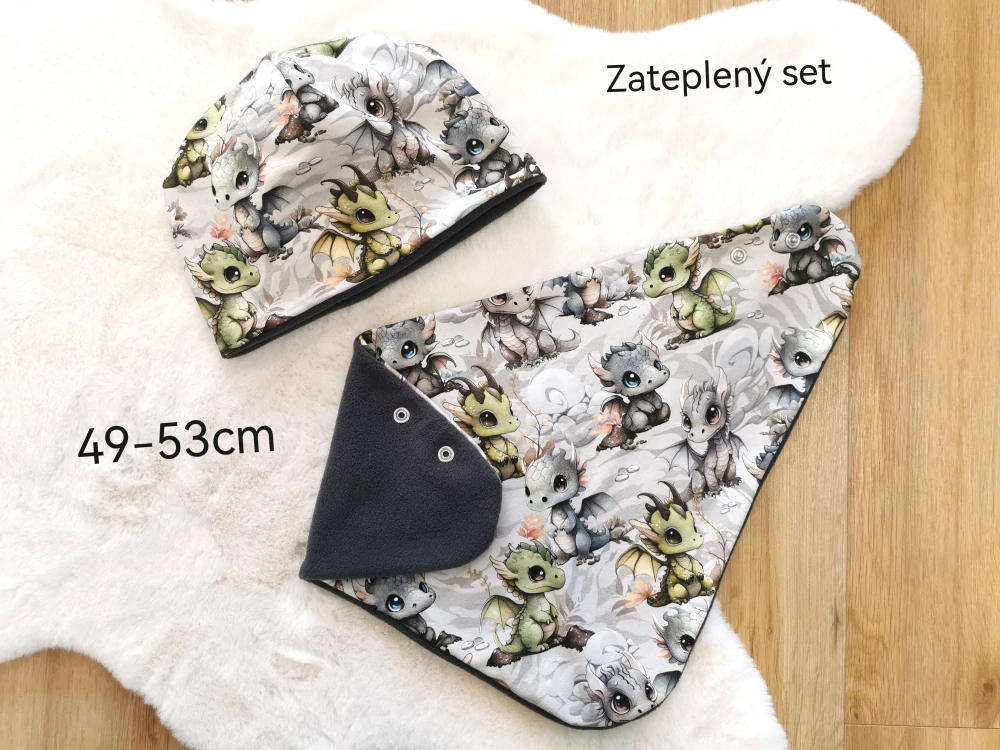 zateplená dvouvrstvá čepice a šátek - DRÁČCI - čepice pro obvod 49-53cm (4-7let), šátek UNI