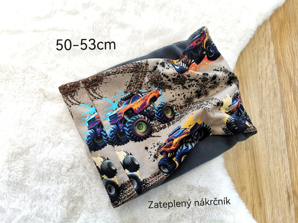 zateplený dvouvrstvý nákrčník - MONSTER TRUCKY - pro obvod 50-53cm (5-7let)