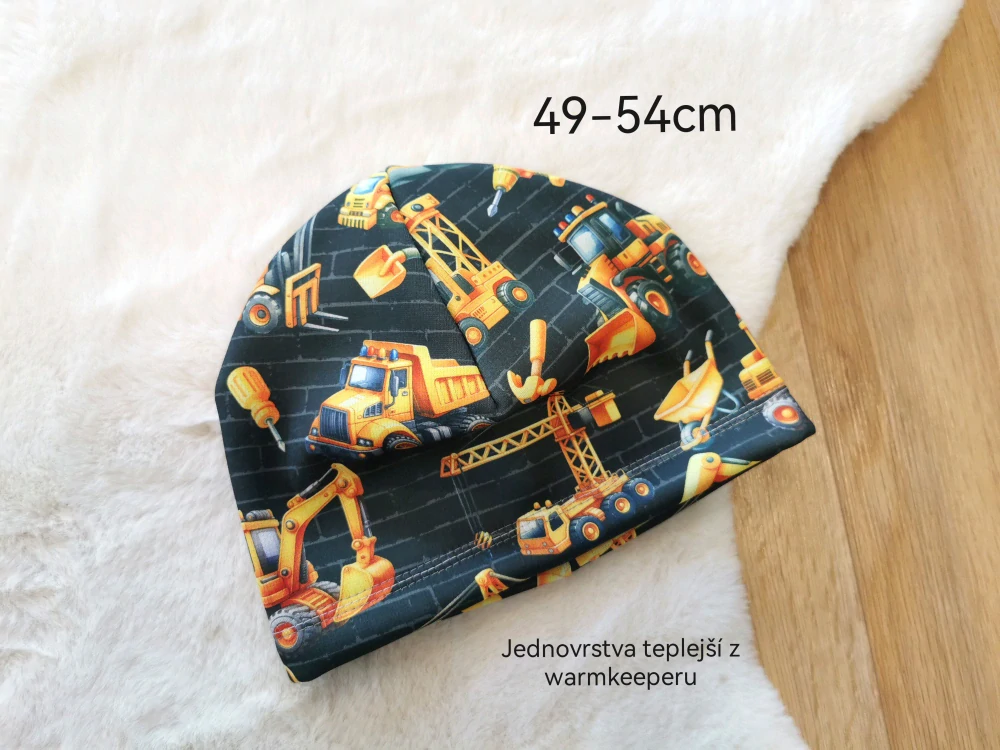 jednovrstvá teplá čepice - PRACOVNÍ STROJE - obvod 49-54cm (4-8let)