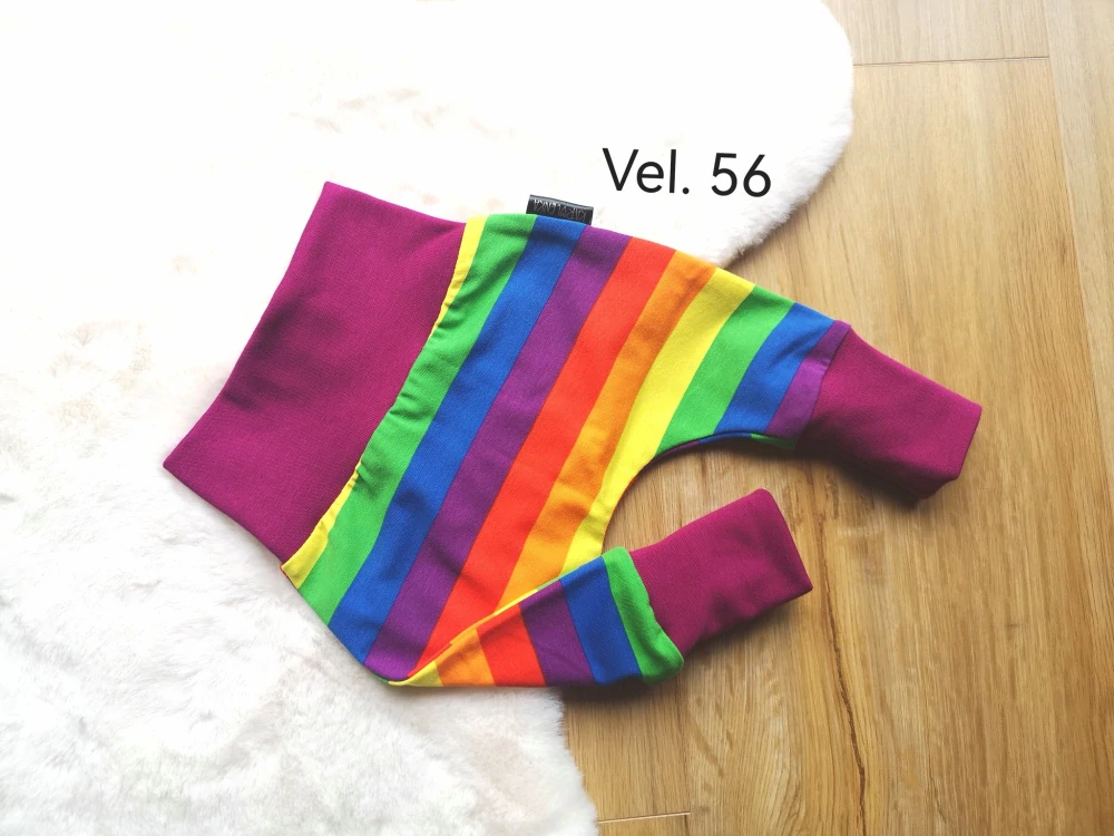 tepláčky - DUHOVÉ, fialový náplet - vel.56