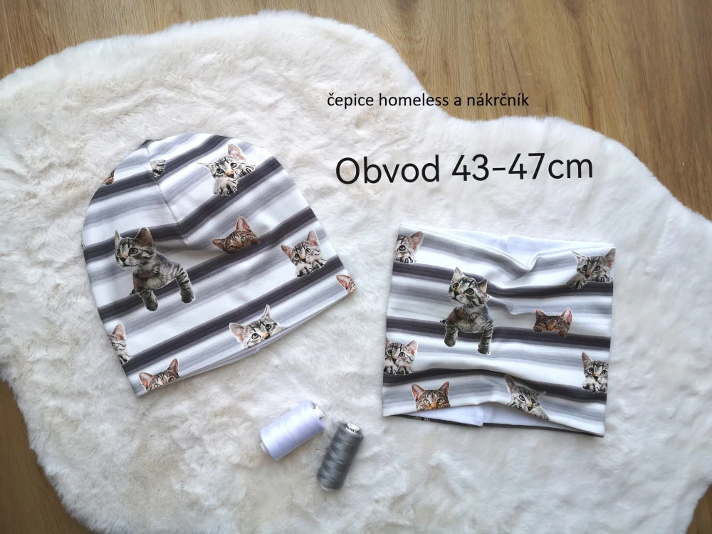 set dvouvrstvá homeless čepice a nákrčník - KOČIČKY - pro obvod 43-47cm (půl roku - 2 roky)