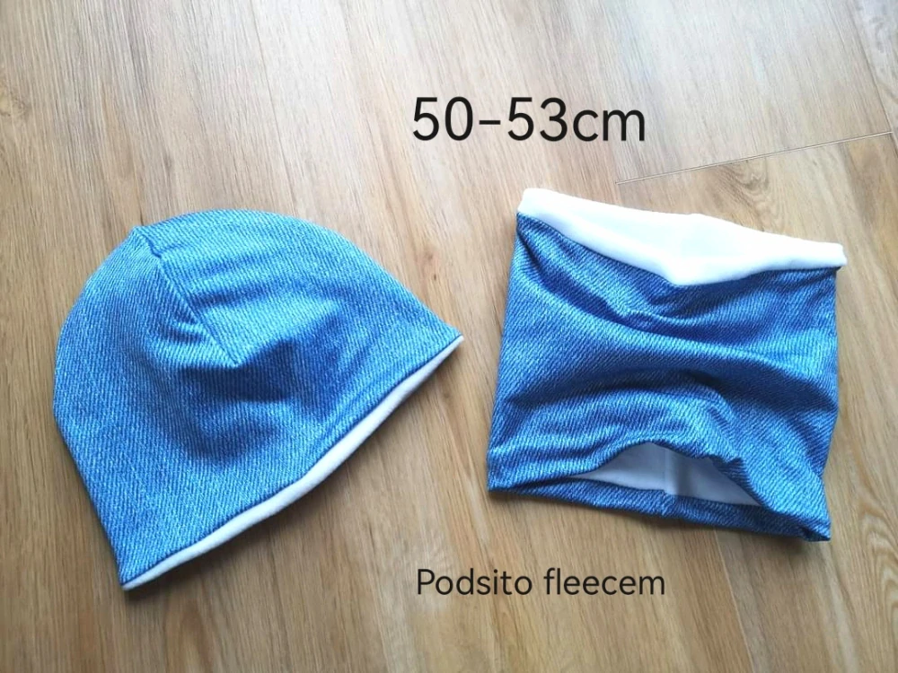 zateplený set dvouvrstvá klasická čepice a nákrčník - IMITACE JEANS - pro obvod 50-53cm (4-7 let)