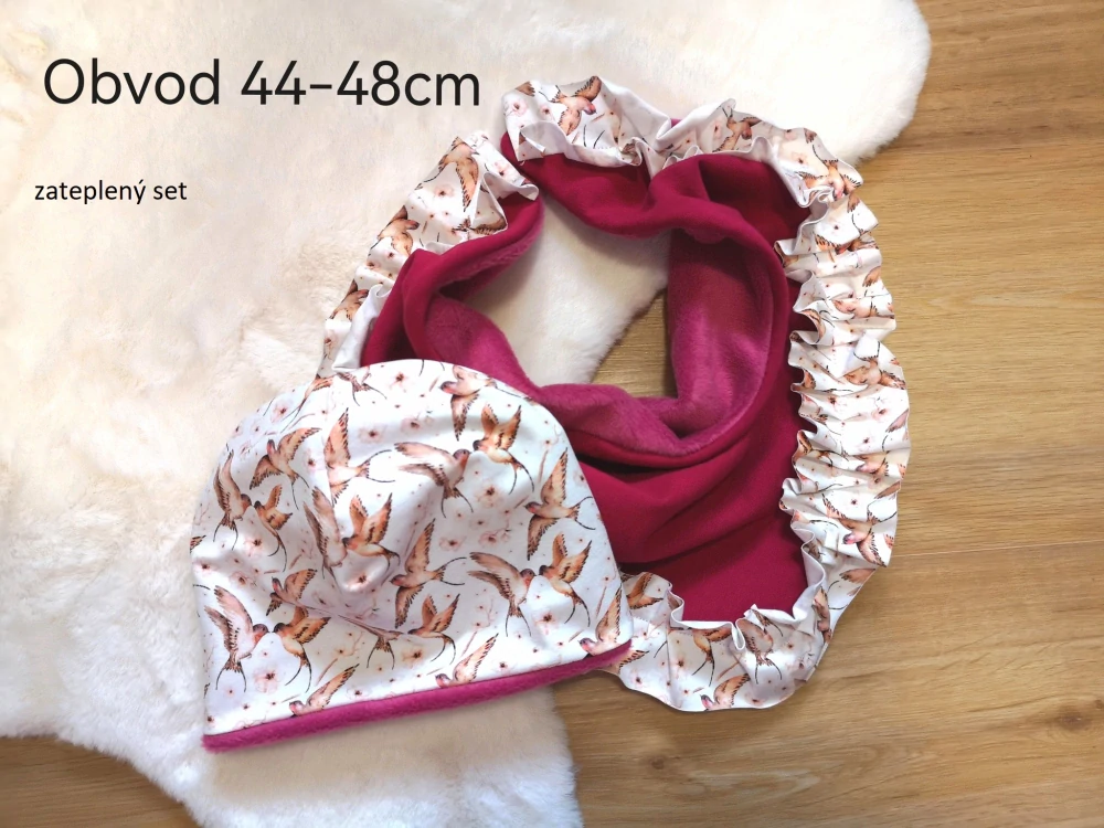 teplý set čepice a šátku PTÁČCI - pro obvod 44-48cm (9 měsíců - 2 roky)