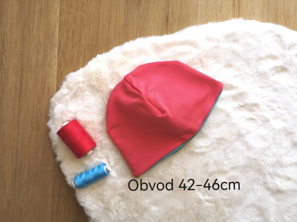dvouvrstvá čepice, LOSOSOVO-MODRÁ - pro obvod 42-46cm (1/2roku - 1 rok)