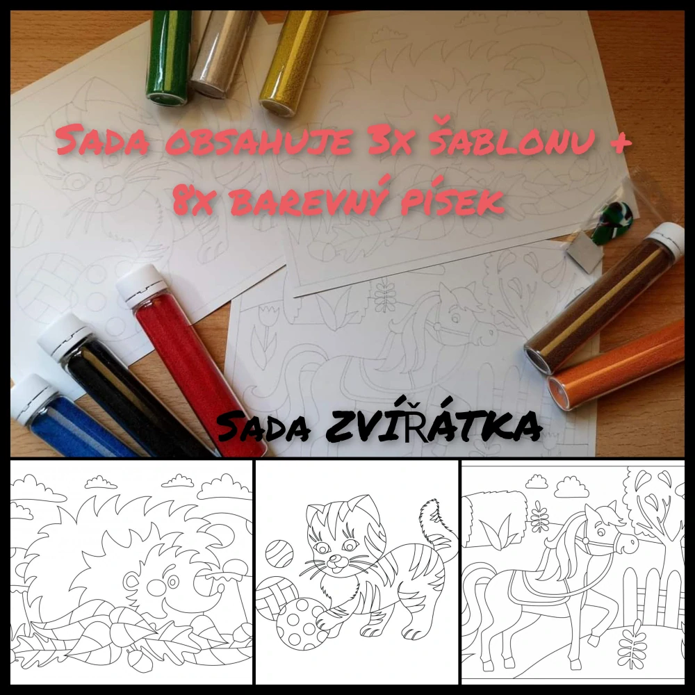 SADA PÍSKOVÁNÍ - ZVÍŘÁTKA - 3x šablona A5 (kočička, ježeček, koník) + 8x barevný písek + 1x vypichovátko