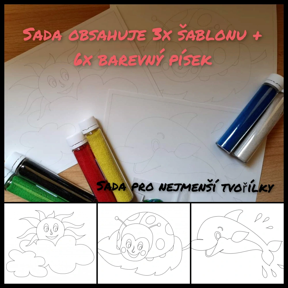 SADA PÍSKOVÁNÍ - PRO NEJMENŠÍ TVOŘÍLKY - 3x šablona A5 (sluníčko, beruška, delfínek) + 6x barevný písek + 1x vypichovátko