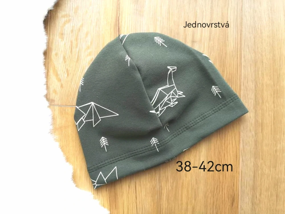 jednovrstvá čepice s dino origami - 38-42cm (2-5 měsíců)