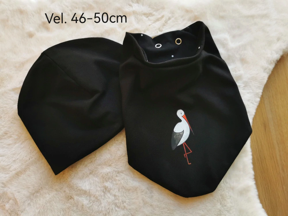 set dvouvrstvá klasická čepice a šátek - ČERNÁ s ČÁPEM - obvod 46-50cm (2-4 roky, šátek UNI 2-7let)