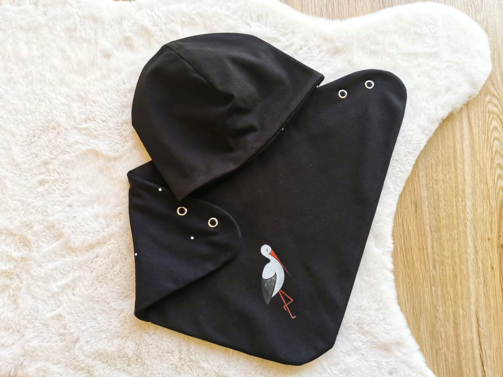 set dvouvrstvá klasická čepice a šátek - ČERNÁ s ČÁPEM - obvod 46-50cm (2-4 roky, šátek UNI 2-7let)