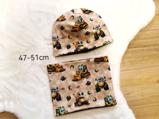 set dvouvrstvá klasicka čepice a nákrčník - ROZTOMILÉ STAVEBNÍ STROJE - obvod 47-51cm (2-5 let)