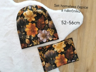 set dvouvrstvá homeless čepice a nákrčník - ZLATOHNĚDÉ KVĚTY - pro obvod 52-56cm (starší děti 7 let a více nebo jako menší dámská)