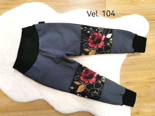 Dětské zimní softshellové kalhoty s fleecem - květy šedé - vel.104