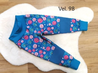 Dětské zimní softshellové kalhoty s fleecem - kytičky tyrkysové - vel.98
