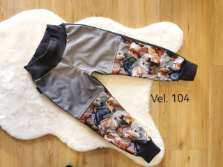 Dětské zimní softshellové kalhoty s fleecem - KONĚ V KOMBINACI S ŠEDOU - vel.104