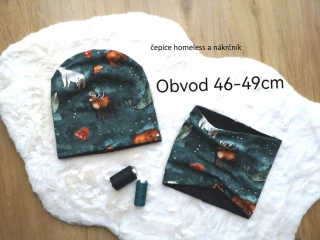 set dvouvrstvá homeless čepice a nákrčník - ZVÍŘÁTKA A SOUHVĚZDÍ - pro obvod 46-49cm (1-3 roky)