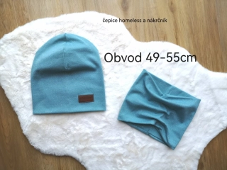 set dvouvrstvá klasicka čepice a nákrčník - TŘPYTIVÁ MÁTA S KOŽENK.ŠTÍTKEM obvod 49-55cm (4 roky a více nebo jako menší dámská/větší dětská)