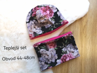 teplejší set dvouvrstvá čepice a nákrčník - PIVOŇKY - pro obvod 44-48cm (9 měsíců - 2 roky)
