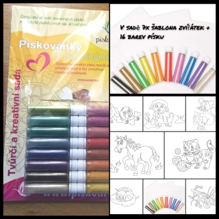 VELKÁ SADA PÍSKOVÁNÍ - ZVÍŘÁTKA - 7x šablona + 16x barevný písek