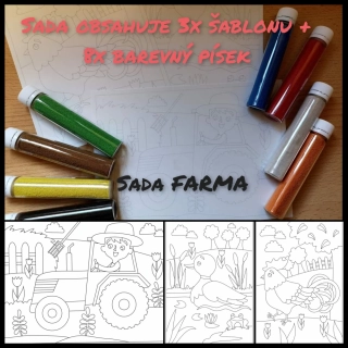 SADA PÍSKOVÁNÍ - FARMA - 3x šablona A5 (kačenka, farmář, kohoutek) + 8x barevný písek + 1x vypichovátko