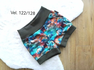 kraťásky z milksilku - RYBY, khaki náplet - vel.122/128, kapsy