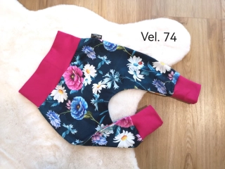 tepláčky - KYTIČKY NA TM.MODRÉ, tm. růžový náplet - vel.74