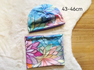 set dvouvrstvá klasicka čepice a nákrčník - KVĚTY PASTELOVÁ SKLÍČKA - obvod 43-46cm (6měsíců - 1 rok)