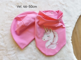 set dvouvrstvá klasická čepice a šátek - RŮŽOVÝ s JEDNOROŽCEM - obvod 46-50cm (2-4 roky, šátek UNI 2-7let)