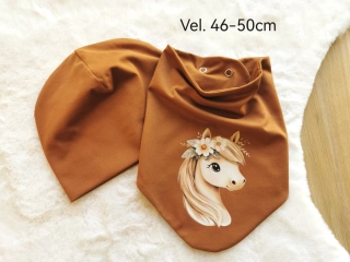 set dvouvrstvá klasická čepice a šátek - MEDOVĚ HNĚDÁ s KONÍKEM - obvod 46-50cm (2-4 roky, šátek UNI 2-7let)