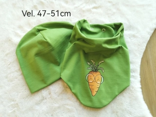 set dvouvrstvá klasická čepice a šátek - JABLKOVĚ ZELENÝ s MRKVÍ - obvod 47-51cm (2-4 roky, šátek UNI 2-7let)