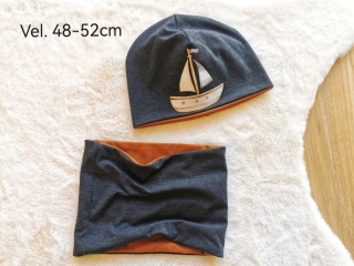 set dvouvrstvá klasická čepice a nákrčník - ANTRACITOVĚ ŠEDÉ MELÉ S MEDOVĚ HNĚDOU a PLACHETNICÍ - obvod 48-52cm (3-6 let)